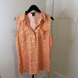 Ann Taylor Sleeveless Medium Yellow Red Print Collared Pocket Top Casual Bright